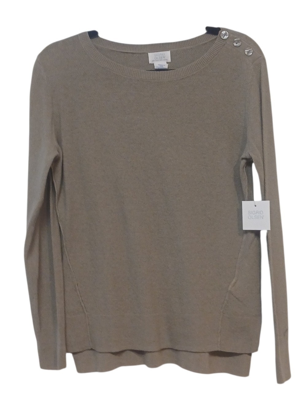 Sigrid Olsen Beige Crewneck Sweater with Shoulder Buttons - Picture 2 of 14